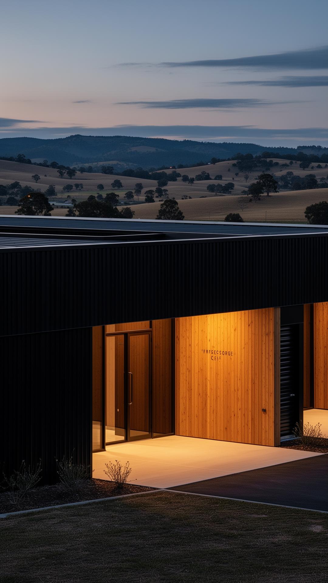 Modern Selfie Storage facility with black steel and timber cladding, regional Victorian landscape behind